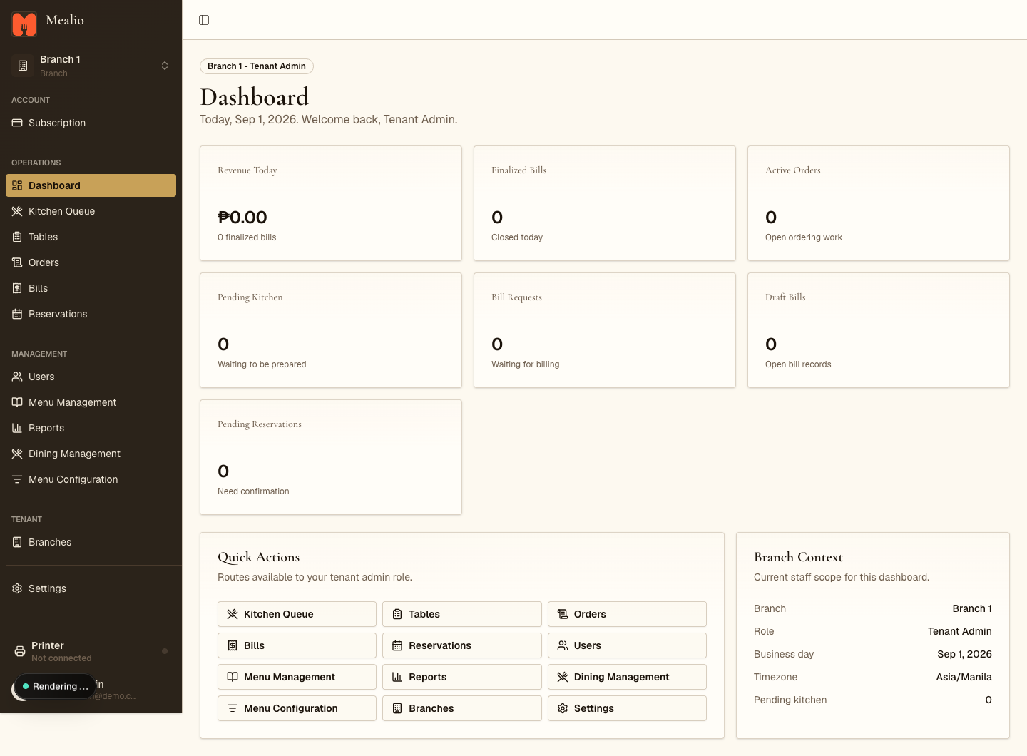 Actual Mealio dashboard with revenue, bills, active orders and kitchen queue overview